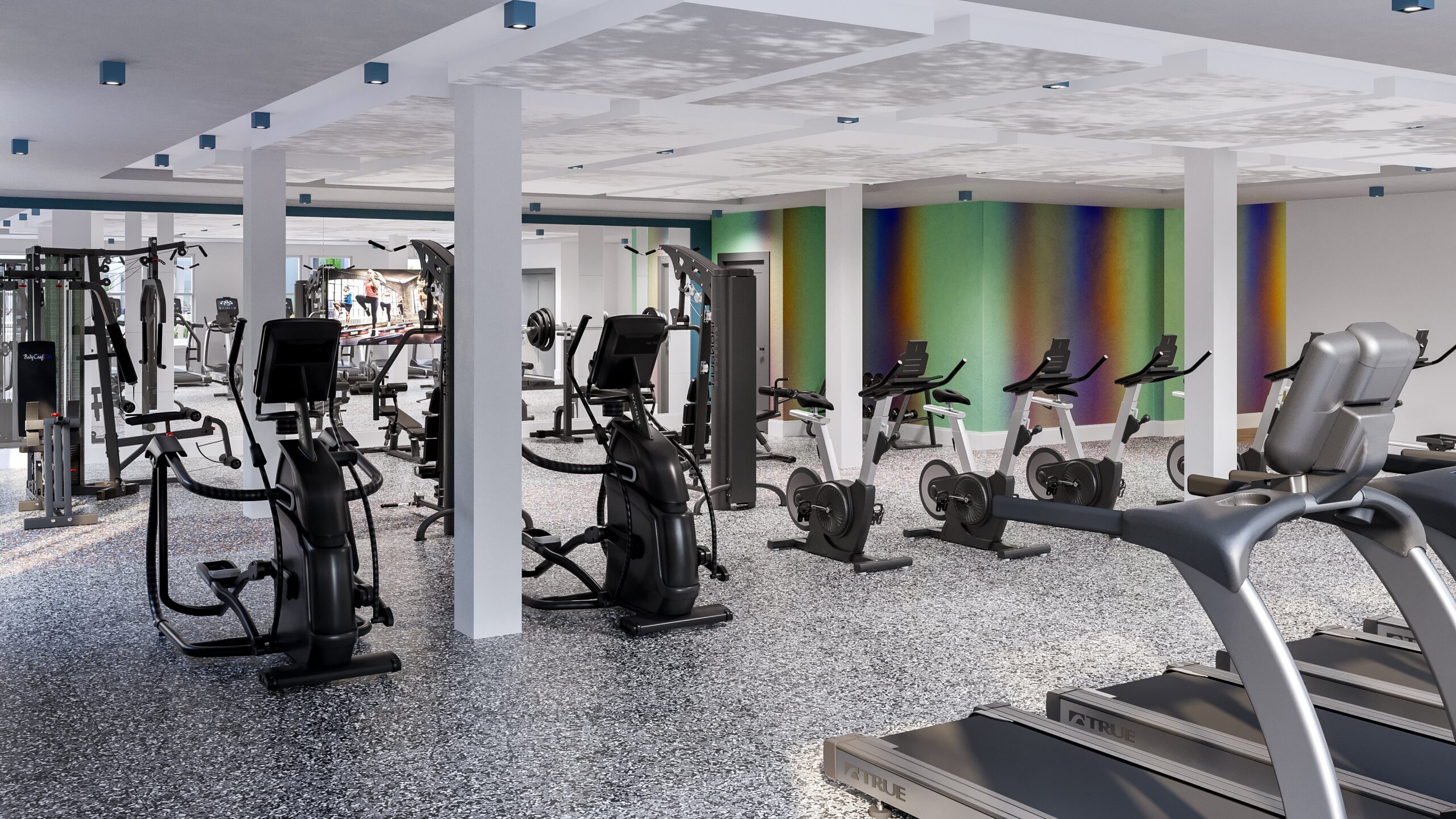 A fully equipped fitness center with several machines and weights.
