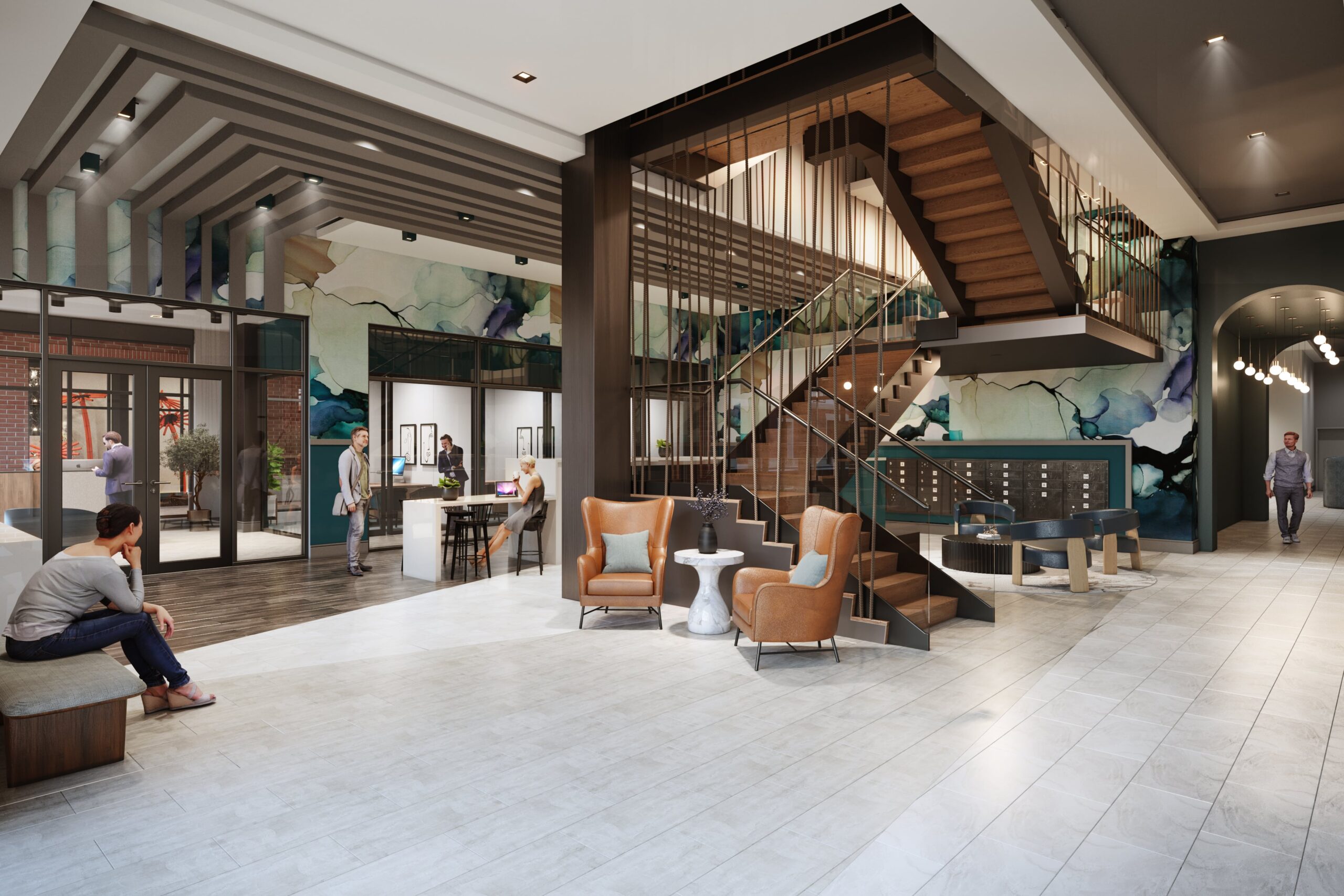 Lobby area with leather and teal finishes, and a centre stair case.