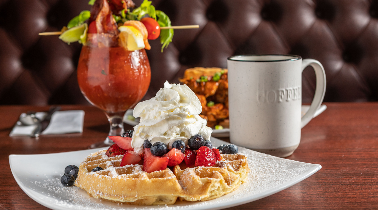 Waffle, coffee, and bloody mary from Toast