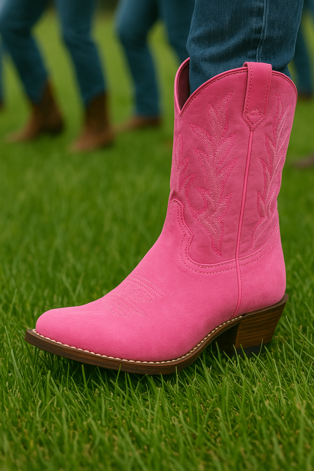 Pink cowgirl boot on the grass