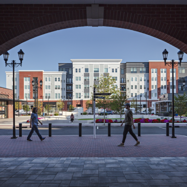 village green at station yards from under an arch